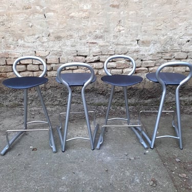 1 of 4 Metal and Wood uphulstory Bar Stools with footrests, 1980s, made in Germany 