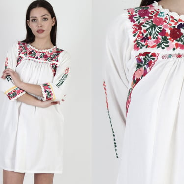 Long Sleeve White Cotton Oaxacan Dress / Womens Hand Embroidered Traditional Ethnic Dress / Made In Mexico Mini Dress 