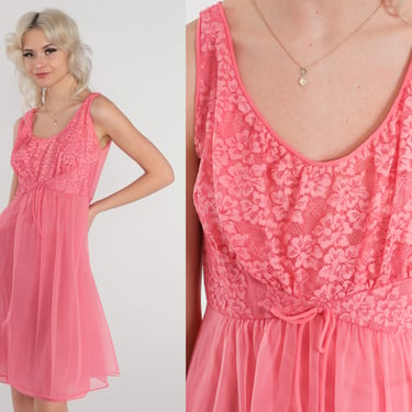 Pink Slip Dress 70s Lace Trim Lingerie Nightgown Mini Nightie Nylon Flowy Babydoll Romantic Sleeveless Vintage 1970s Vanity Fair Medium 36 