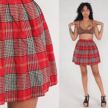 60s Mini Skirt Red Plaid Skirt Houndstooth Retro School Girl Skirt Pleated High Waist Preppy Checkered Black Vintage 1960s Extra Small xs 