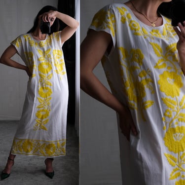 Vintage 70s Oaxacan White Cotton Maxi Dress w/ Bright Yellow Floral Embroidery | Day House Dress, Wedding, Bride | 1970s Mexican Boho Dress 