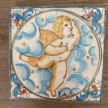 Vintage Frantantoni Italy Hand Painted Ceramic Cherub Tile 