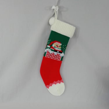 Vintage Knit Christmas Stocking - Santa Claus Poking Out of Chimney Top - Slender 18" long 