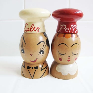 Vintage 1950s Salty Peppy Salt Pepper Shakers - Wood Painted Novelty Made in Japan Kitchenware - Retro Kitchy 