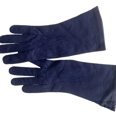 Vintage navy blue gloves in stretch nylon. A fun spring retro fashion accessory for Easter or formal prom wear c. 1950s - 60s 