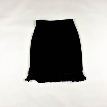 Black Stretch Velvet Slip Skirt / Ruffle Hem / Rave City / y2k / 1990s / 00s / Goth / Millenium / Medium / Elastic Waist / Midi / Knee / M / 
