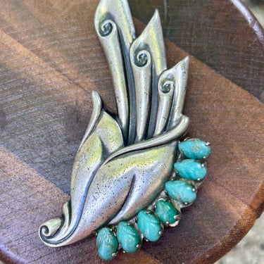 Sterling Silver And Carved Turquoise Brooch Floral Vintage Retro Estate Jewelry 