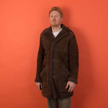 Mens vintage 70s sheepskin jacket in brown, retro shearling coat - Medium 