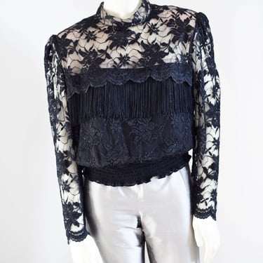 1980s Andree Gaye Black Lace Blouse with Fringe 