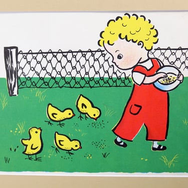 Children's Room Art - Boy Feeding Chicks Child's Book Art - Authentic Book Illustrations w/Custom Mat Fits 8