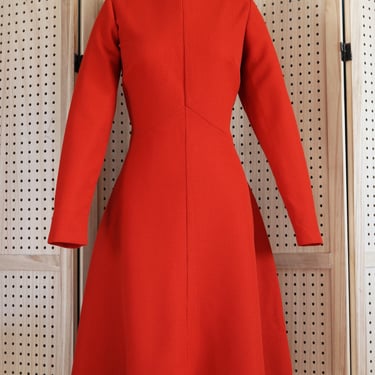 Vintage 60s 70s Orange Textured Knit High Neck Long Sleeve A-Line Perma-Prest Midi Dress 