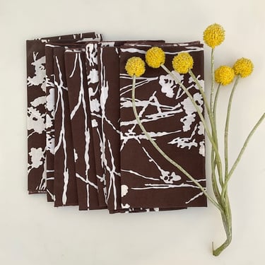 Chocolate Brown and White Floral Napkins \/ Set of 7