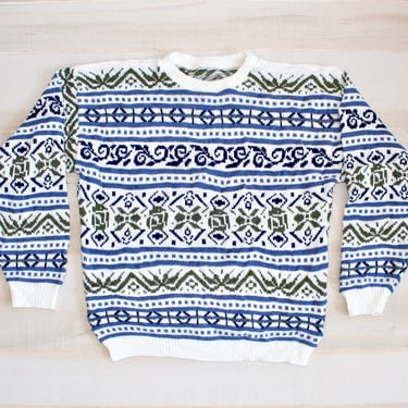 Vintage 80s Ski Sweater, 1980s Nordic Sweater, Fair Isle, Geometric, Knit, Crewneck 