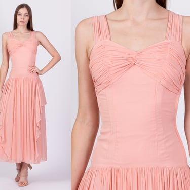 Vintage 1930s Peach Pink Gown - XXS | 30s Ruched Sleeveless Drop Waist Draped Peplum Maxi Dress 