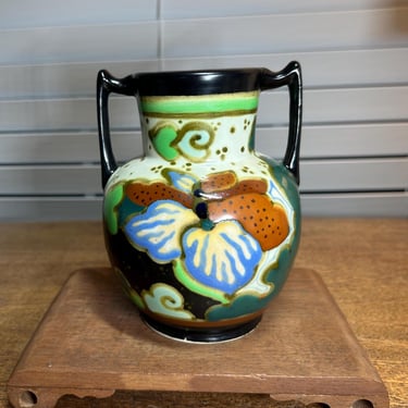 Japanese Gouda-style Two Handle Vase with Art Deco Floral Design 