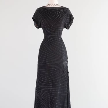 Divine Deco Inspired Beaded Black Silk Evening Dress / Small
