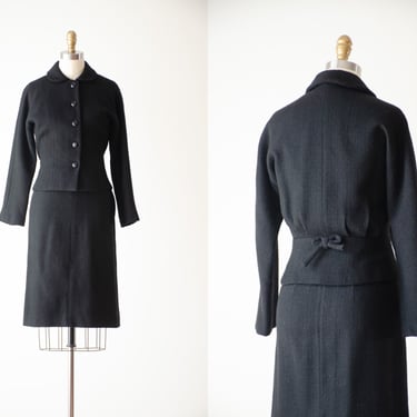 black wool suit | 50s vintage thick wool peplum nipped waist retro skirt suit 