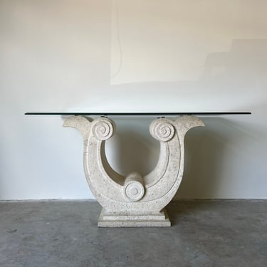 Vintage Sculptural Keystone Console Table W/ Glass Top . 