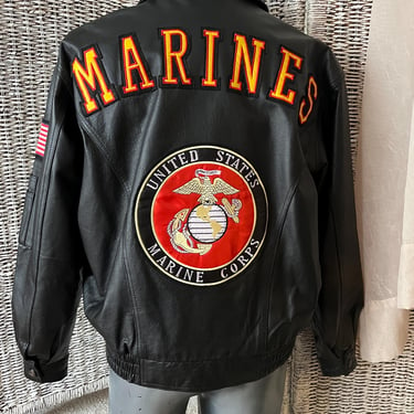 Vintage Leather Jacket, USMC Marines, Emblems Patches, Motorcycle Jacket, Bomber Style, Made in USA 