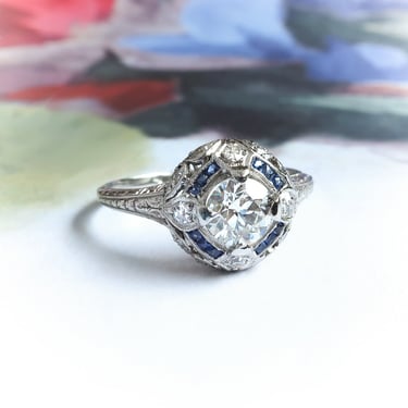 Art Deco .94 ctw. Diamond and Sapphire Engagement Ring Platinum 