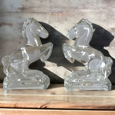 Vintage LE Smith Glass Clear Rearing Horse Bookends Mid Century Modern 