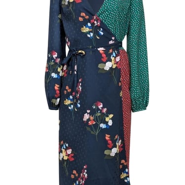 Ted Baker - Navy w/ Multi Color Floral & Green & Red Spotted Detail Wrap Dress Sz 6