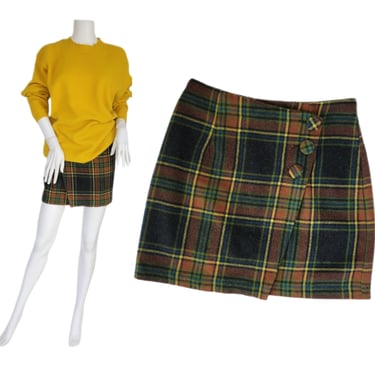 Tracy Evans 1990's Short Green Brown Plaid Mini Wrap Skirt I Sz Med 