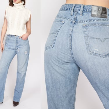 Med-Lrg 90s Guess Light Wash Distressed Jeans | Vintage Mid Rise Denim Tapered Leg Boyfriend Jeans 