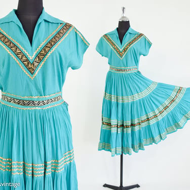 1950s Turquoise Patio Skirt & Top Set | 50s Blue Fiesta Skirt Top Set | Trego's West Wear 