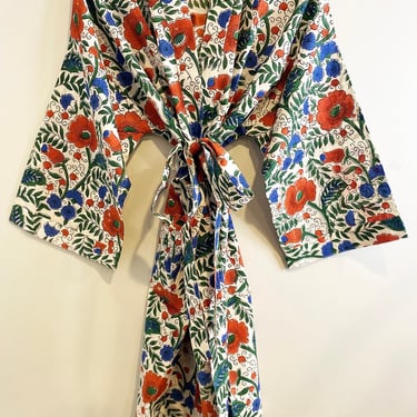 Hand Block Print Kimono Robe, Cotton Bathrobe, Lightweight Cotton Robe, Cotton Dressing Gown, Floral Kimono, Wood Block Printed, Midi Robe 