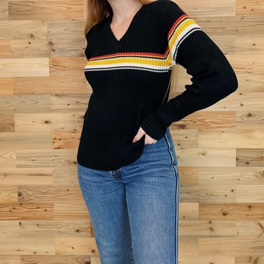 Vintage Ribbed Striped V-Neck Pullover Knit Sweater Top 