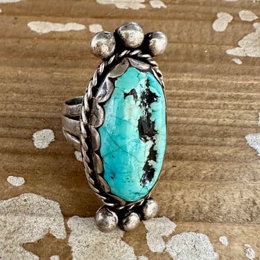 ONE MIND 60s/70s Vintage Turquoise Ring | Large Ring w/ Sterling Silver & Turquoise | Southwestern Native American Jewelry Mens | Size 12 