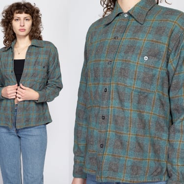 Large 70s Teal Green Plaid Wool Overshirt | Vintage Button Up Lumberjack Shirt 