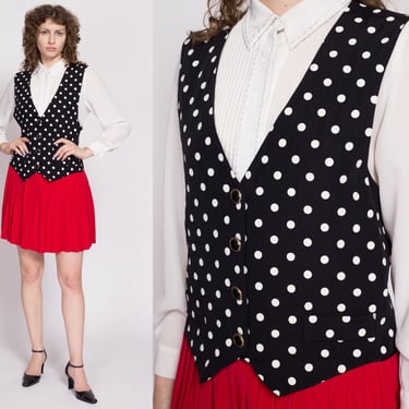 80s Polka Dot Mock Vest & Pleated Skirt Set Dress - Large | Vintage Red Black Pinafore Mini Dress 