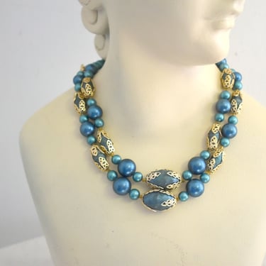 1960s Teal Faux Pearl Two Strand Necklace 