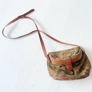 1970s Floral Suede + Brown Leather Structured Bag 