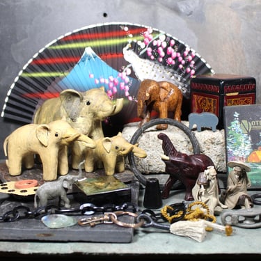 ac 26 Pc Junk Drawer | "Elephant Watering Hole" | Elephant-Themed Junk Drawer | Destash | Assemblage Art Materials | Vintage Smalls 
