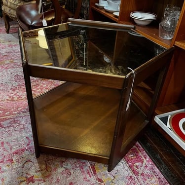 Smoked glass two tier mid century coffee table. 26” x 26” x 20” 