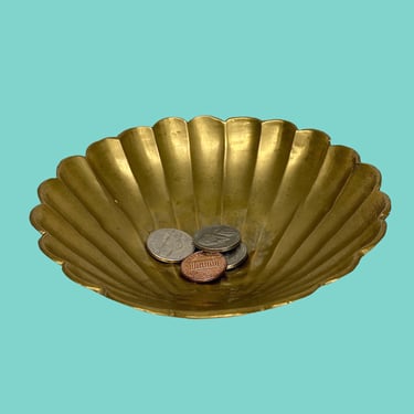 Vintage Brass Clamshell Dish Retro 1980s Coastal or Beach + Handmade + Footed + Gold Metal + Shell Ring Dish + Change Catchall + Home Decor 
