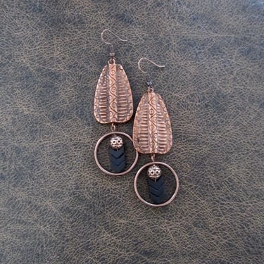 Copper ethnic earrings, geometric earrings, statement earrings, bold southwest earrings, black arrow earrings, bohemian boho chic earrings 