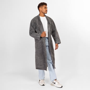 Medium 80s Acid Wash Grey Denim Duster Jacket | Vintage Oversize Collared Jean Button Up Coat 