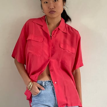 90s silk pocket shirt / vintage neon coral guava tissue silk oversized short sleeve washed silk pocket camp over shirt blouse | Extra Large 