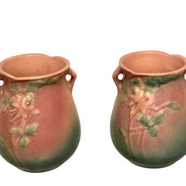 Roseville Pink/Green Columbine Flower Double Handled Pottery Vases Vintage 1940s, Pair 
