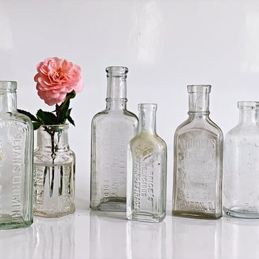 Antique apothecary bottle collection, 6 Embossed quack cure medicine bottles for unique bud vases shelf display 