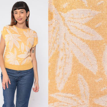 80s Floral Sweater Yellow Short Cap Sleeve Knit Top Slouchy White Tropical Flower Print 1980s Vintage Sweater Retro Slouch Small Petite 