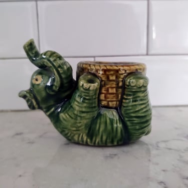 Vintage Small Ceramic Green Elephant Bamboo Indoor Planter 