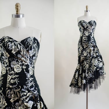black mermaid strapless gown | 80s vintage gold silver metallic floral strapless high low tulle dramatic formal floor length dress 
