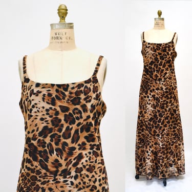 90s Vintage Animal Print Bias Cut Slip Dress Large Brown Black Party Tank Dress // Vintage Leopard Cheetah Print Long Maxi Dress Large XL 