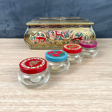 Vintage English biscuit tin and 4 SS Pierce jelly jars - craft supplies 