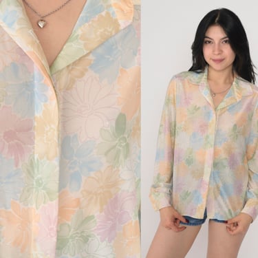 Pastel Floral Blouse 70s Button up Shirt Daisy Flower Print Long Sleeve Collared Top Boho Hippie Pink Blue Orange Green Vintage 1970s Medium 